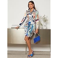 Women's Dresses Casual Wedding Palm Tree & Animal Print Belted Satin Dress Wedding Guest (Color : Multicolor, Size : Small)