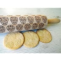 Rolling pin SUGAR SKULLS. Wooden embossing rolling pin with SUGAR SKULLS pattern. Laser Engraved Dough Roller for Embossing Homemade Halloween Cookies by Algis Crafts