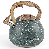 Tea Kettle, BELANKO 102 OZ / 3 Liter Whistling Tea Kettle, Tea Pots for Stove Top Food Grade Stainless Steel with Wood Pattern Handle, Loud Whistle Kettle for Tea, Coffee, Water, Milk - Black Green