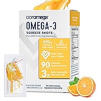Coromega Omega 3 Fish Oil Supplement with Vitamin D3, 650mg of Omega-3s with 3X Better Absorption Than Softgels, Tropical Orange Flavor, 90 Single Serve Squeeze Packets
