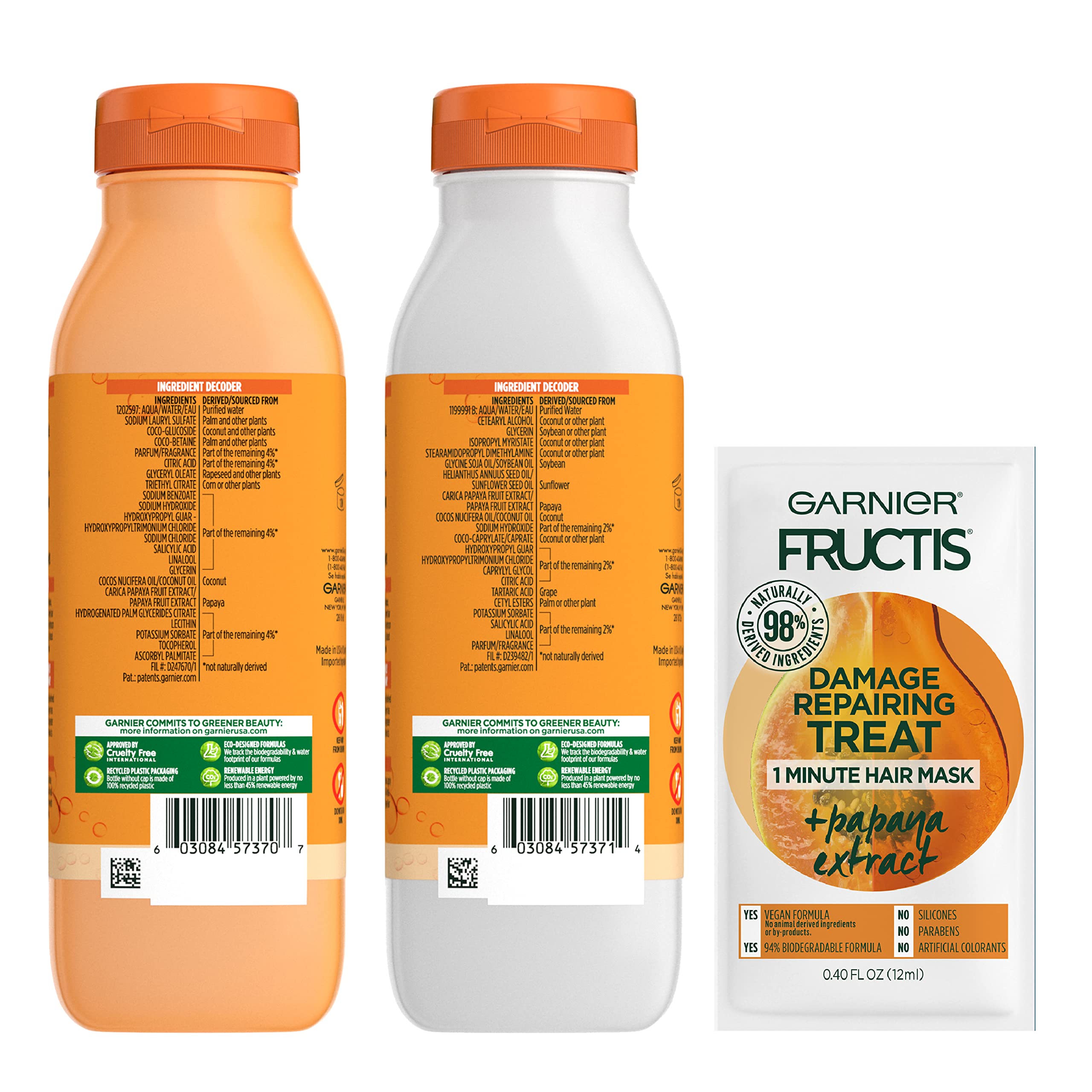 Garnier Fructis Shampoo and Conditioner Set, Damage Repairing Hair Care to Nourish Dry, Damaged Hair, Papaya Extract, 11.8 Oz Ea, Hair Mask Sample included