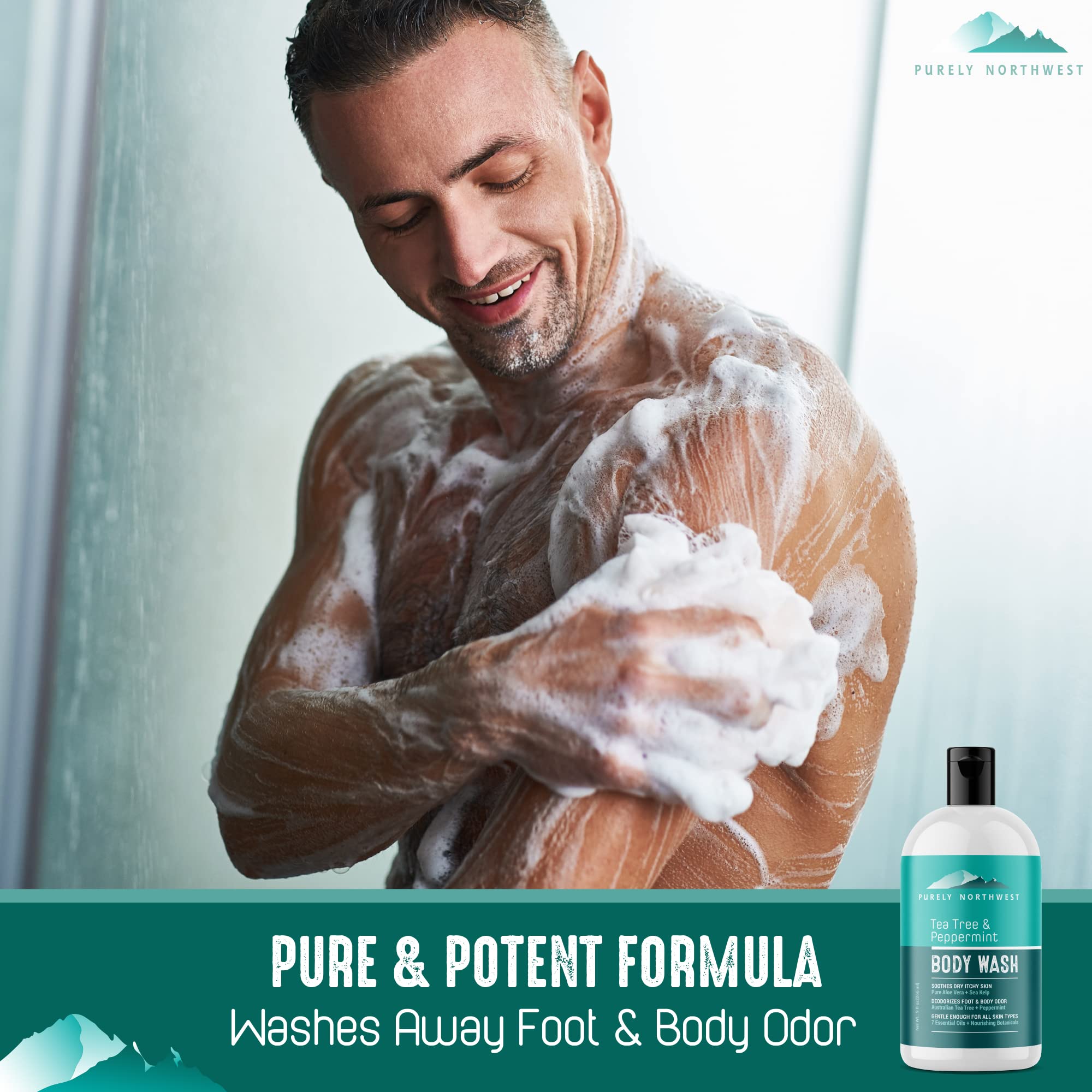 Purely Northwest-Tea Tree Oil & Peppermint Body Wash for Men & Women-a Refreshing Natural Daily Soap for Body Odor & Acne-Effectively Soothes Jock Itch, Chafing & Athletes Foot-Discolored Nails-9oz
