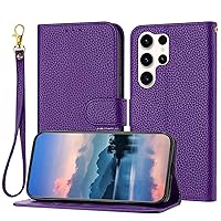XYX Wallet Case for Samsung Galaxy S24 Ultra, Lychee Pattern Leather Flip Protective Cover with Card Slots Wrist Strap Shockproof Phone Case, Purple