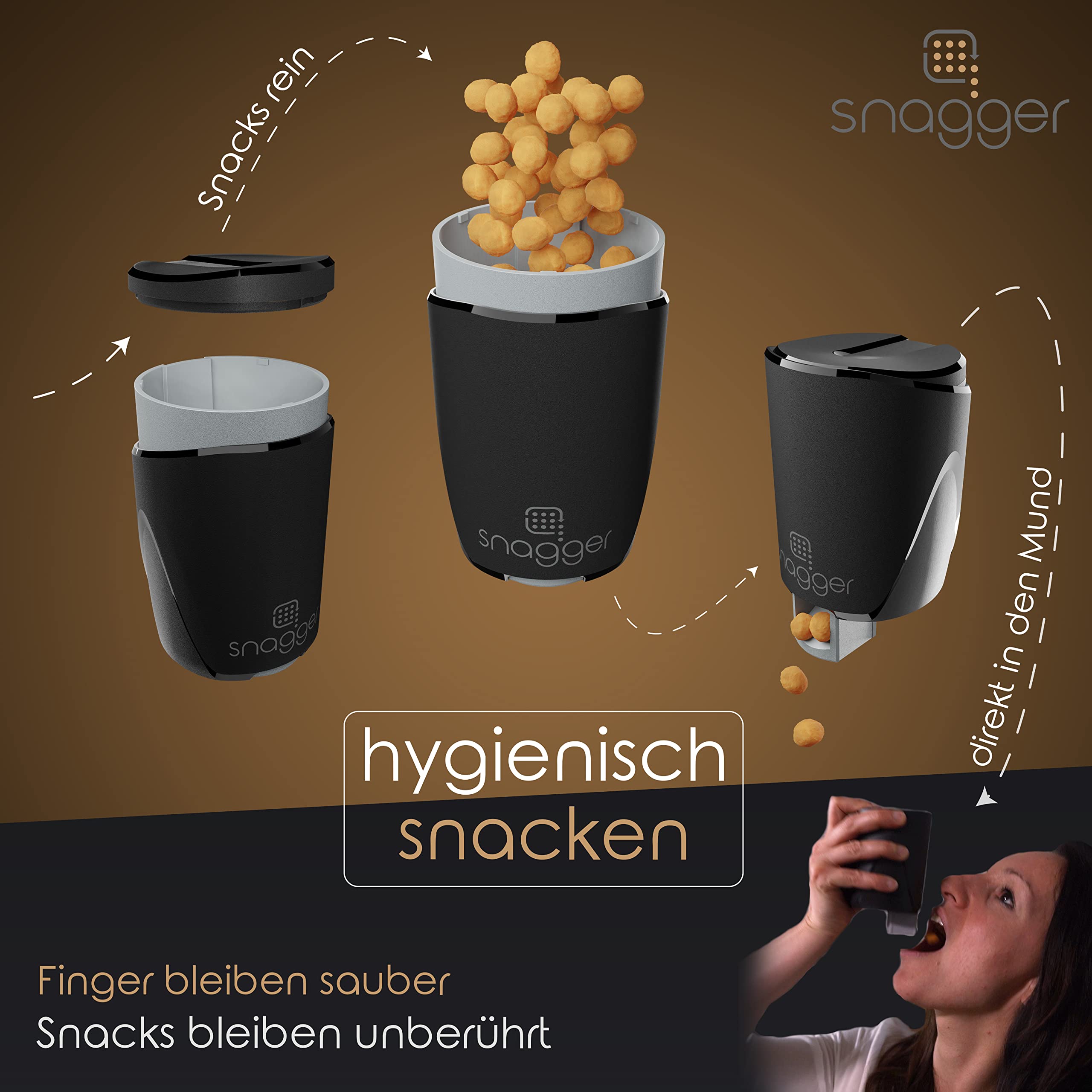 snagger (Double Pack) - The snack dispenser / clean hands when snacking /  suitable for peanuts, NicNacs, etc. / gamer