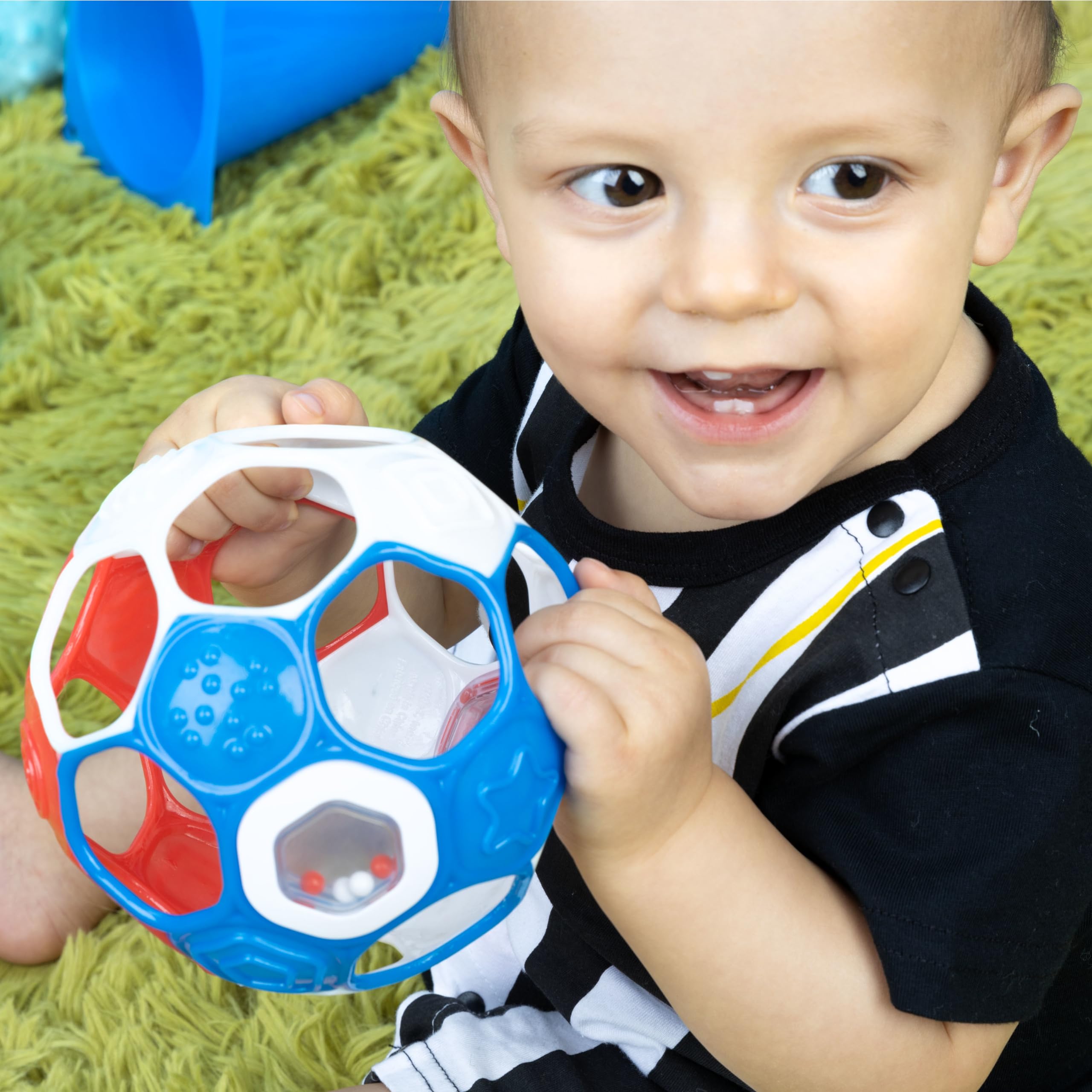 Bright Starts Oball Grippin' Goals Rattle Soccer Ball - Red, White & Blue, Easy-Grasp Toy for Newborn and Up