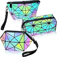 Weewooday 3 Pieces Makeup Bags for Women, Portable Travel Cosmetic Bag Organizer Case with Wrist Strap Toiletry Bags Holographic Luminous Geometric and Reflective Foldable Makeup Bags