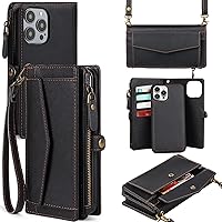 for iPhone 15 Pro Max Wallet Case for Women, Support Wireless Charging with RFID Blocking Card Holder, PU Leather Zipper Wallet Detachable Magnetic Phone Case with Crossbody Strap, Black