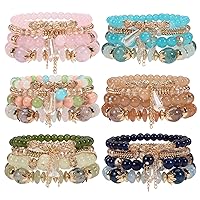 6 Set Bohemian Stretch Bracelets for Women Girls Gifts Multilayer Beads Bracelet Charm Boho Colorful Stackable Jewelry