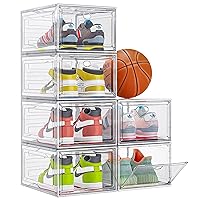 【Thicken & Sturdy】Clear Shoe Storage Organizer with Magnetic Door, Stackable Boxes for Closet, Foldable Space-Saving Shoe Rack for Sneaker Boot Container, Plastic Shoe Box 6 Pack, White