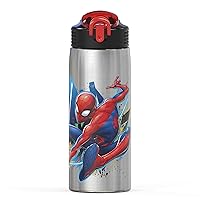 Zak Designs 27oz Marvel 18/8 Single Wall Stainless Steel Water Bottle with Flip-up Straw and Locking Spout Cover, Durable Cup for Sports or Travel (27oz, Spider-Man)