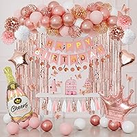 Rose Gold Birthday Party Decorations Kit for Women Girls, Foil Confetti Rose Gold Balloon Pink Happy Birthday Banner Fringe Curtains Butterfly Decor Circle Dots Tassels Pom Supplies 30th 40th 50th Her