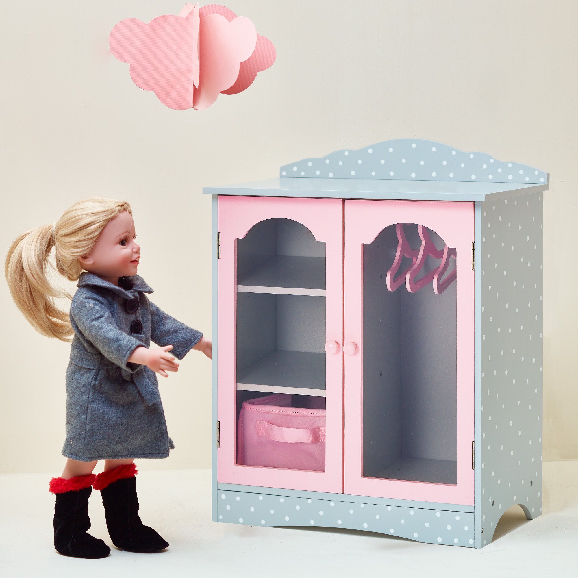 Olivia's Little World - Polka Dots Princess 18 inch Doll Wooden Closet with 3 Hangers, Fits American Girls, Our Generation Dolls, Doll Furniture, Accessories and Clothes Storage - Pink & Gray