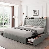 Feonase Queen Size Bed Frame with 4 Storage Drawers, Upholstered Storage Bed with Charging Station, Tufted Wingback Storage Headboard, No Box Spring Needed, Light Grey