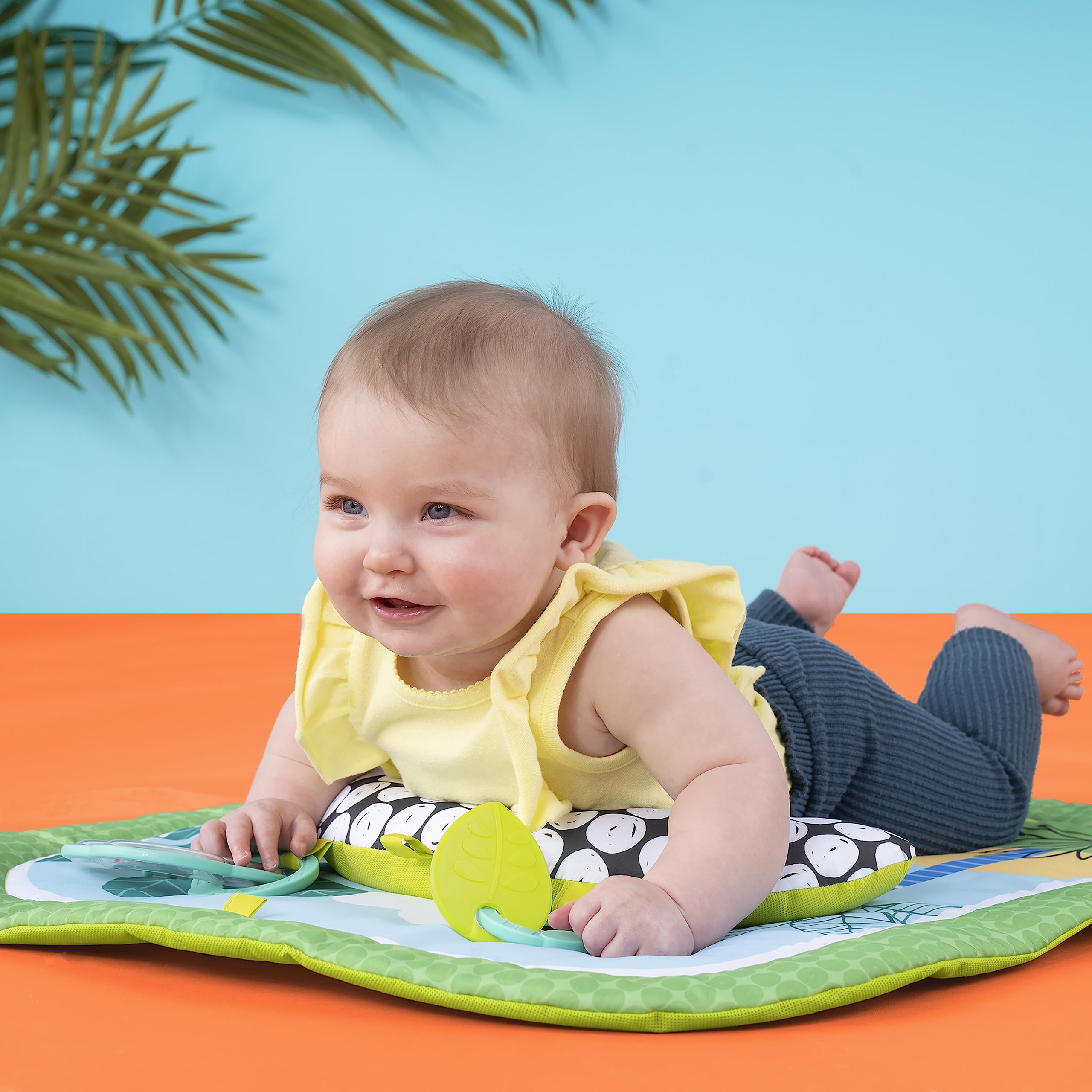 Bright Starts Easy Breezy Baby Tummy Time Activity Mat with 2 Detachable Take Along Toys, Compact & Machine-Washable, Newborn +