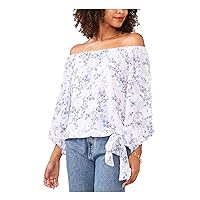 Vince Camuto Womens White Ruffled Lined Sheer Tie Hem Floral Balloon Sleeve Off Shoulder Blouse S