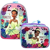 Disney Kids School Backpack with Lunch Box Set. 2 Piece 15” Book Bag and Lunch Box Bundle (Princess Tiana)