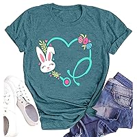 Easter Nurse Shirts for Women Easter T Shirt Bunny Rabbit Graphic Tee Stethoscope Short Sleeve Nurse Tops