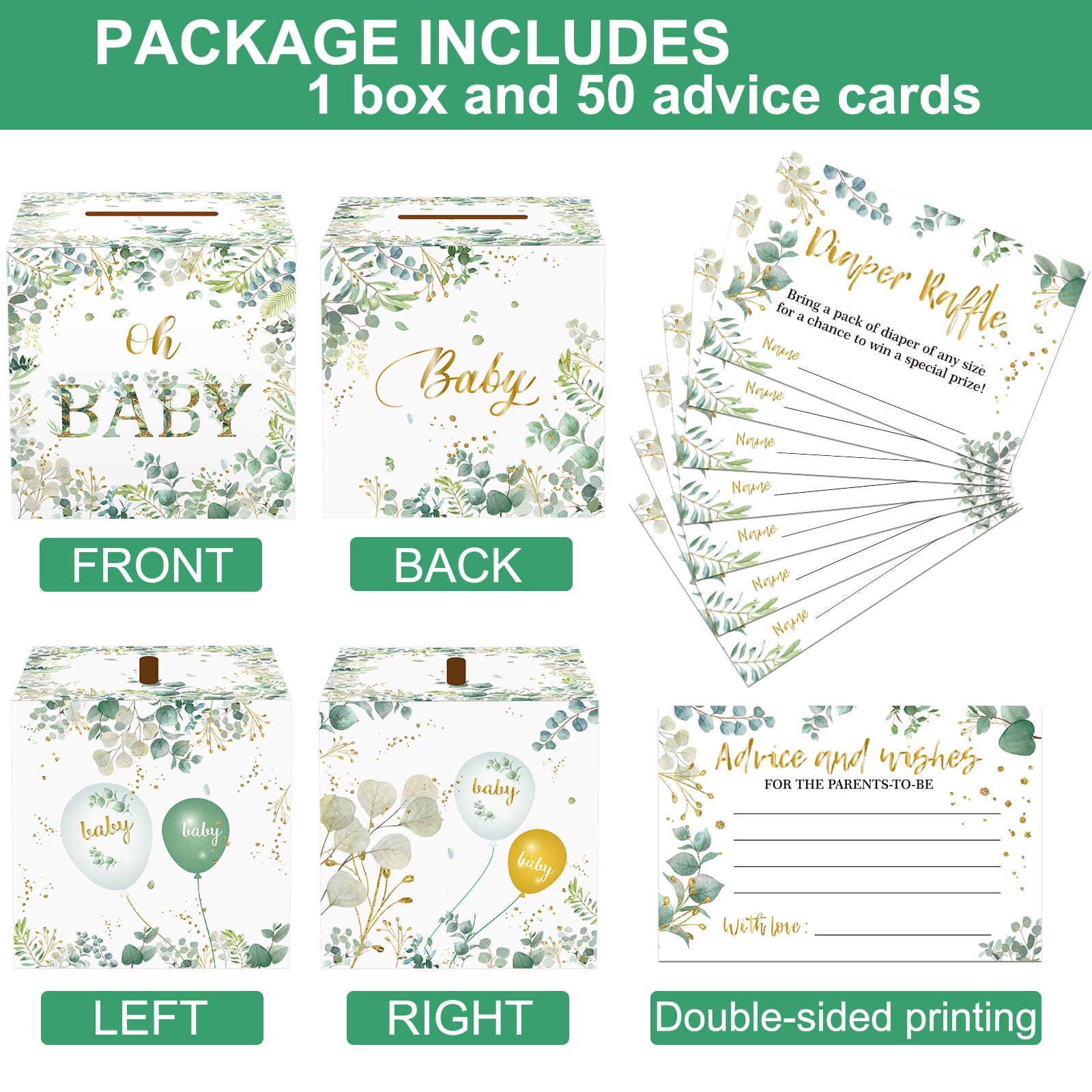 50 Pieces Greenery Diaper Raffle Tickets with Baby Shower Holder Box Baby Party Decorations Favors Sign Box Insert Ticket Diaper Raffle Game Kit