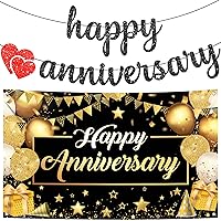 KatchOn, Happy Anniversary Banner Black and Gold - XtraLarge, 72x44 Inch | Glitter Happy Anniversary Banner Black - 10 Feet, No DIY | Black Happy Anniversary Sign, Wedding Anniversary Decorations