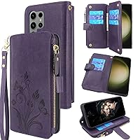 Lacass [Cards Theft Scan Protection 10 Card Slots Holder Zipper Pocket Wallet Case Flip Leather Cover Wrist Strap Stand for Samsung Galaxy S23 Ultra 5G 6.8 inch 2023 Case (Floral Dark Purple)