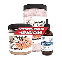 Salt Body Scrub - Large 23.28 OZ+ Body Oil with Collagen (4 fl.oz) +Bath Salts Enriched with Himalayan - Natural Salt for Bath - Large 34.2 OZ.-BUNDLE