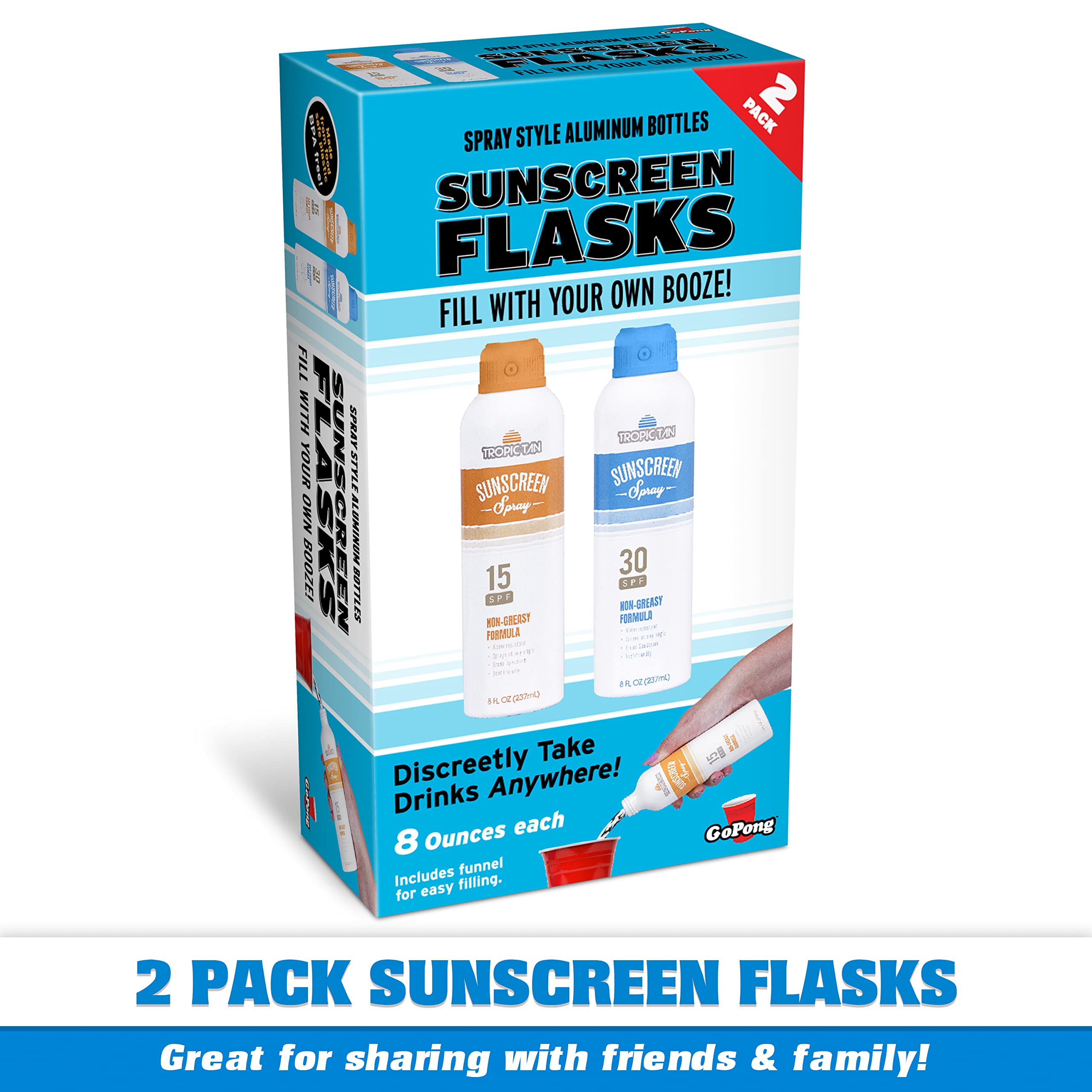 GoPong Sunscreen Flask 2 Pack - Aluminum Spray Bottle Hidden Flask for Liquor - Includes Funnel and Liquor Bottle Pour Spout