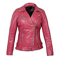 Womens Hot Pink Lambskin Leather Jacket - Ladies Brando Motorcycle Genuine Jacket