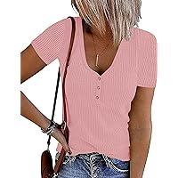 MEROKEETY Women's Short Sleeve V Neck Ribbed Knit Button T Shirts Henley Solid Color Summer Tops