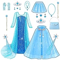 Girls Blue Sequin Princess Costume with 11PCS Princess Cape & Skirt Set for Birthday Halloween Cosplay Party 5
