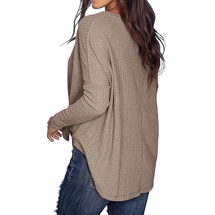 IWOLLENCE Women's Waffle Knit Tunic Blouse Tie Knot Henley Tops Loose Fitting Bat Wing Plain Shirts