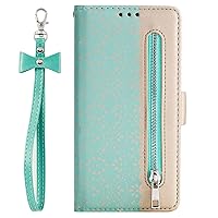 Wallet Case Compatible with iPhone 13 Pro Max, Lace Flower Zipper Pocket Case Flip Leather Cover with Lanyard for iPhone 13 Pro Max (Green)