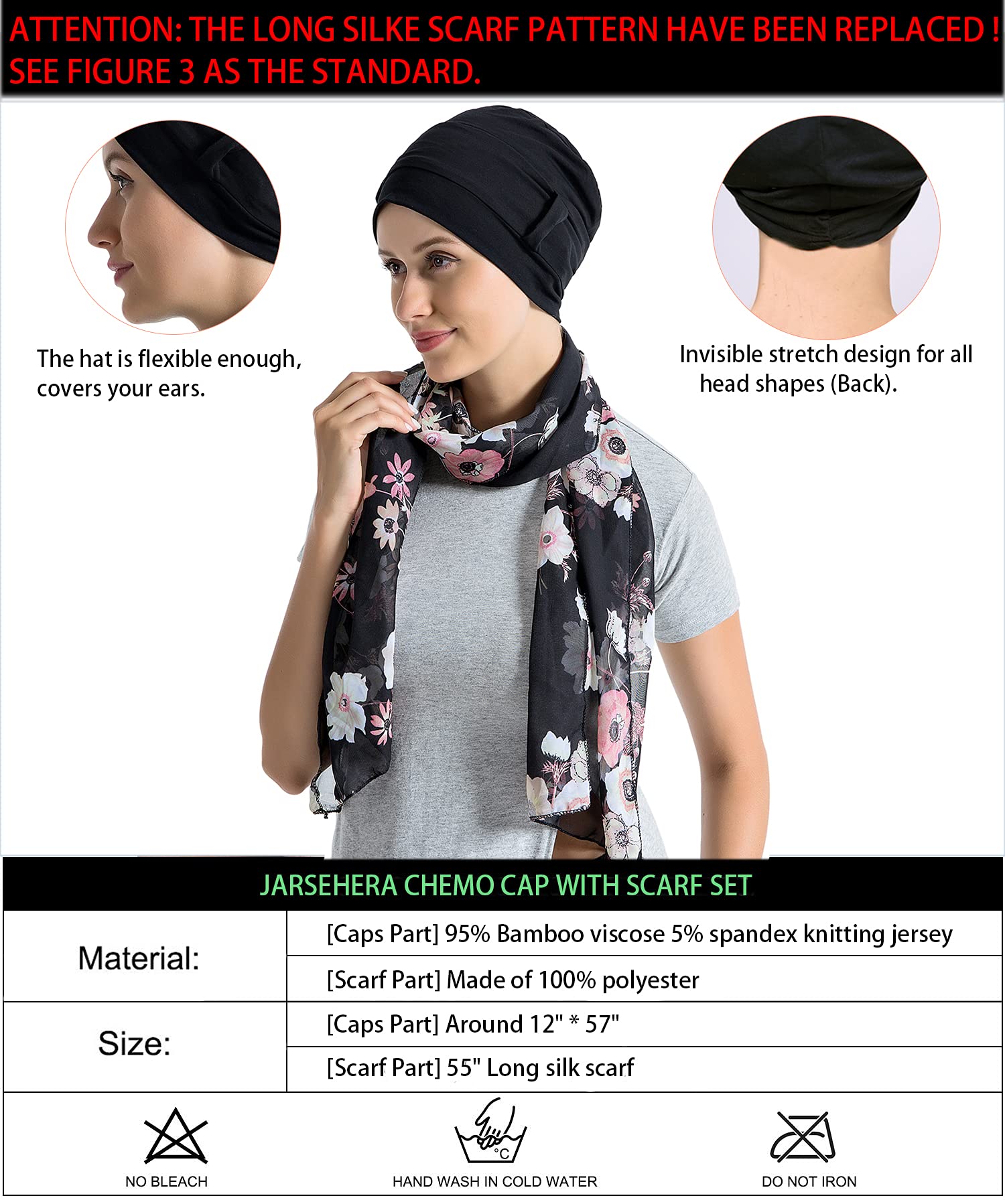 Bamboo Cotton Liner Chemo Headwear for Womenwith Silky Scarfs for Cancer Hair Loss Sleep Caps Beanie