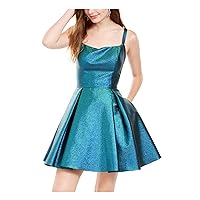 Blondie Womens Blue Glitter Metallic Sleeveless Square Neck Short Cocktail Fit + Flare Dress Juniors 3