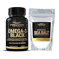 FREZZOR Omega 3 Black Green Lipped Mussel Oil, 53x Higher Potency for Superior Joint Comfort & Mobility, No Fishy Aftertaste, 1 Bottle, 60 Softgels Plus 1 Pouch of Flaky Sea Salt