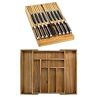 In-Drawer Bamboo Knife Block Storage for 16 Knives + Acacia Kitchen Drawer Organizer Expandable 8 Slots