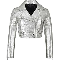 Women's Cropper Leather Brando Jacket Real Metallic Leather Short Body Ladies Biker Asymmetrical Leather Jacket