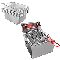 10L Deep Fryer with Basket and Timer 120V 1800W and 6-Pack 6 Inch 1/2 Size Chafing Pans for Home and Commercial Kitchen Supplies