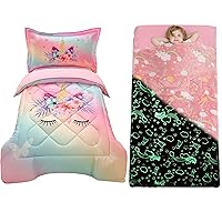 VIVILINEN Bundle of 4-Piece Rainbow Unicorn Toddler Bedding Set and Glow in The Dark Kids Sleeping Bag