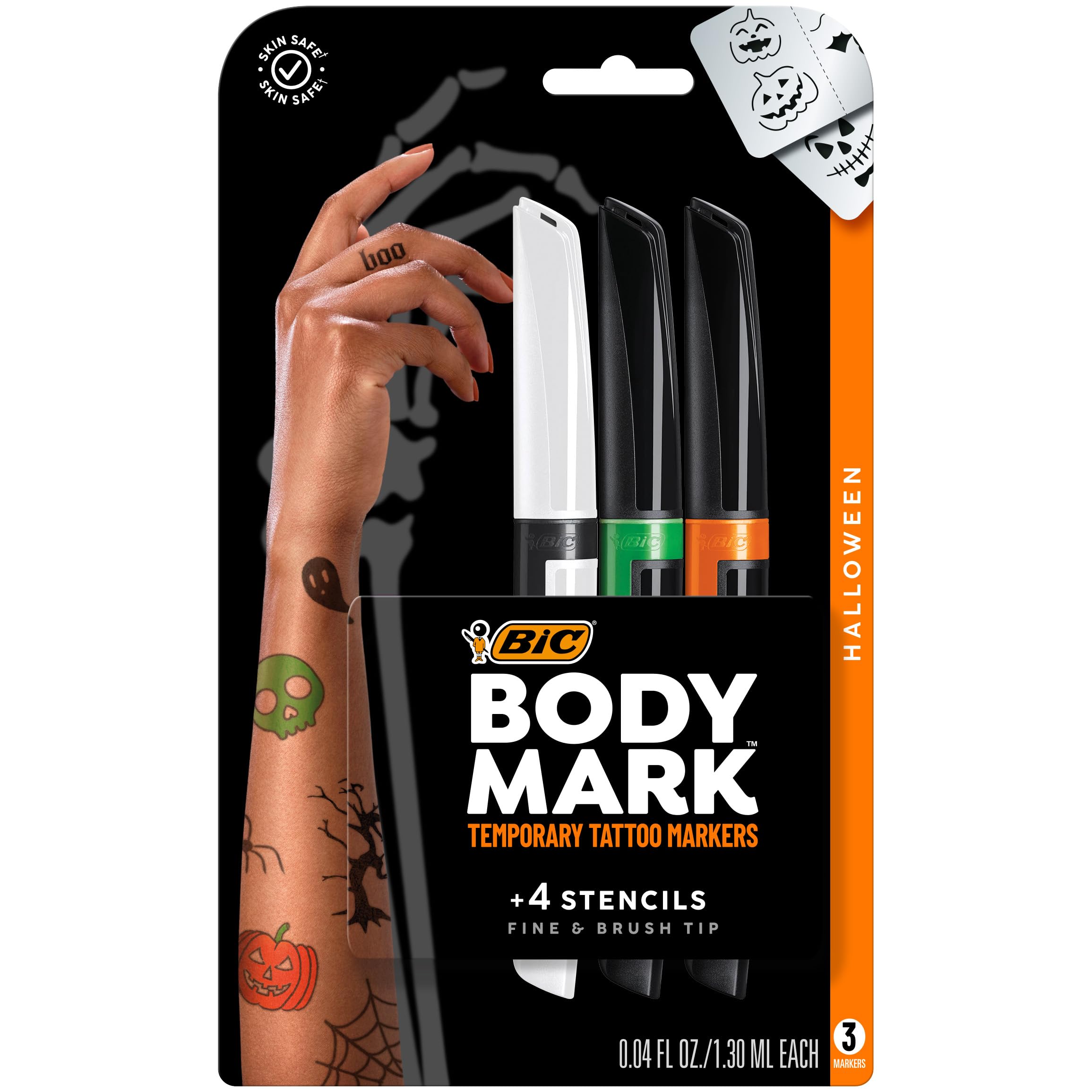 BodyMark Halloween Pack - Deluxe Body Markers, Premium Temporary Tattoo Markers for Skin, DIY Halloween Costume Long Lasting Temporary Tattoos, Custom Tattoo Kit with 3ct Markers & 4ct Spooky Stencils