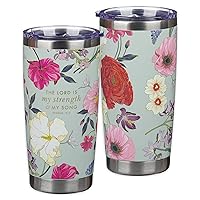 Christian Art Gifts Large Stainless Steel Scripture Travel Mug Tumbler for Women: Lord is My Strength Inspirational Bible Verse, Double Wall Vacuum Insulated w/Lid, Mint Green Multicolor Floral, 18oz.