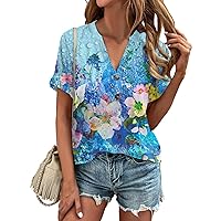 Womens Tops Flower Printing Women's Short Sleeved T-Shirt Summer Button V-Neck Top Loose T-Shirt Top