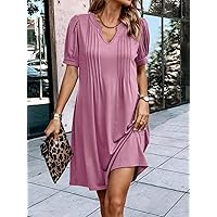 Women's Dress Press Crease Detail Puff Sleeve Dress (Color : Pink, Size : Small)