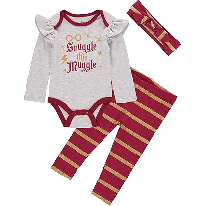 Harry Potter Baby Girls Clothing 3-Piece Set with Bodysuit, Leggings, and Headband Gifts for Baby Girls