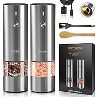 Rechargeable Electric Salt and Pepper Grinder Set - Stainless Steel, with USB Type-C Cable, LED Lights, Automatic Modern Electric Pepper Mill, 2 Adjustable Coarseness Mills, One Hand Operation