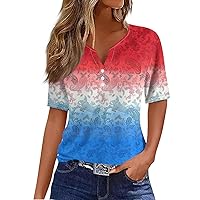 Fourth of July Shirts for Women, Button V Neck Short Sleeve Blouses Festival Loose Fit Trendy Patriotic Tees