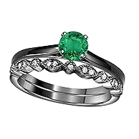 Bridal Set For Women 1.00 Ct Round Cut CZ Emerald & Cubic Zirconia 14k Black Rodium Plated .925 Sterling Silver Vintage Style Wedding Band Engagement Ring Size 5-11