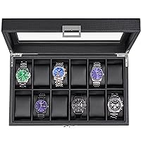 BEWISHOME Watch Box Organizer 12 Watch Case for Men Luxury Watch Display Case with Large Glass Window, Carbon Fiber Design, Black SSH08C