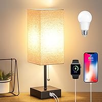 Bedside Table Lamp, Pull Chain Table Lamp with USB C+A Charging Ports, 2700K LED Bulb, Fabric Linen Lampshade, Nightstand Lamp for Livingroom Bedroom Office Reading Working