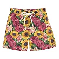 ALAZA Roses Summer Sunflowers Boy’s Swim Trunk Quick Dry Beach Shorts Swimsuit Bathing Suit Swimwear