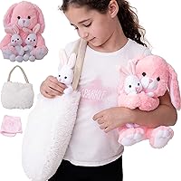 Perfectto Design Bunny Toy, 4 Pcs Set. Mommy, 2 Baby Rabbit Toys, XL Furry Bag and Doll Blanket. Age 3-8